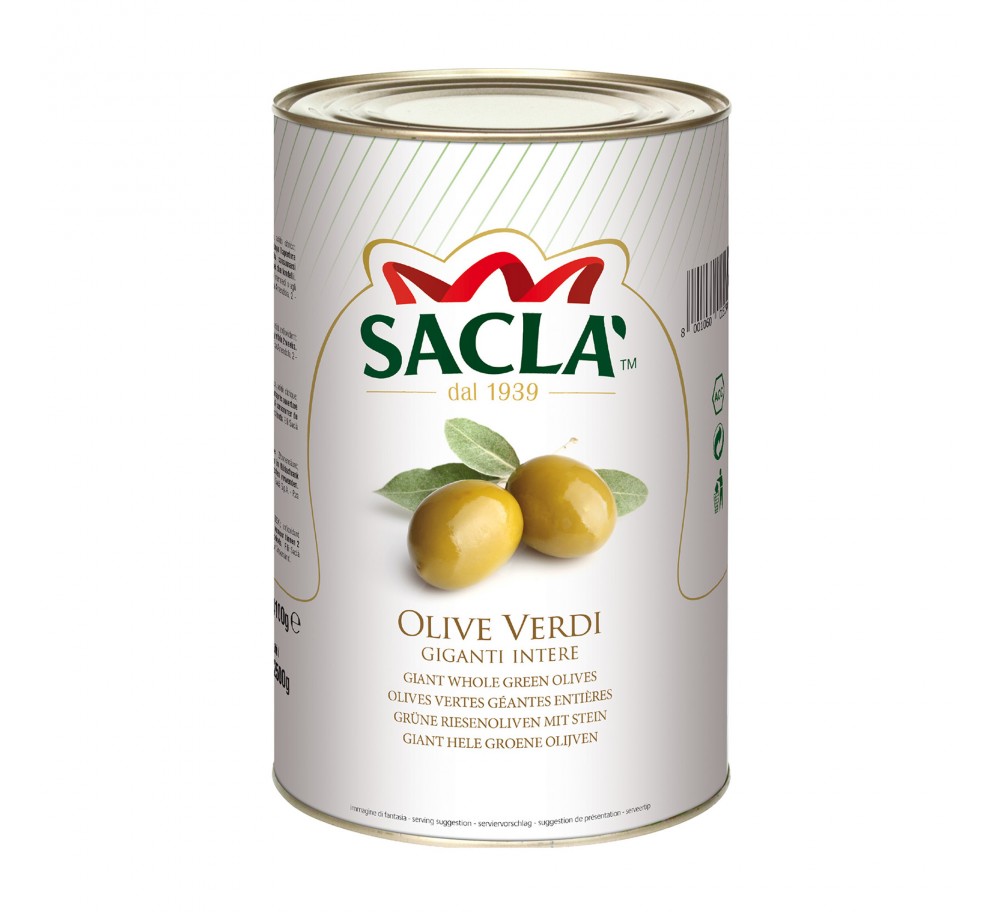 Olives vertes entières géantes au naturel 4,1kg – Format pro Saclà
