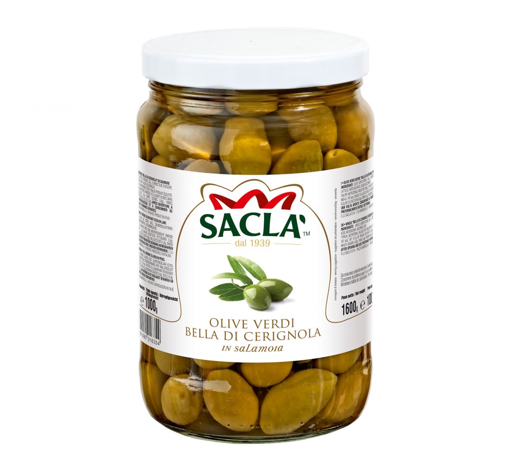 Olives vertes Belle de Cerignola au naturel 1,6kg – Format pro Saclà