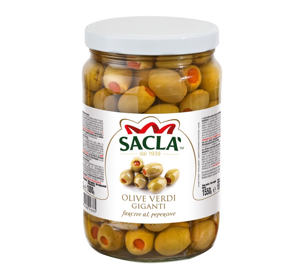 Olives vertes géantes au poivron 1,55kg – Format pro Saclà